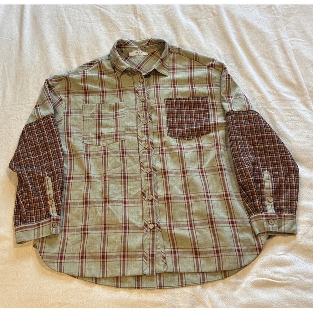Women's Top L Multicolored Button-Down‎ Mixed Plaid Shacket Color-Block Patches